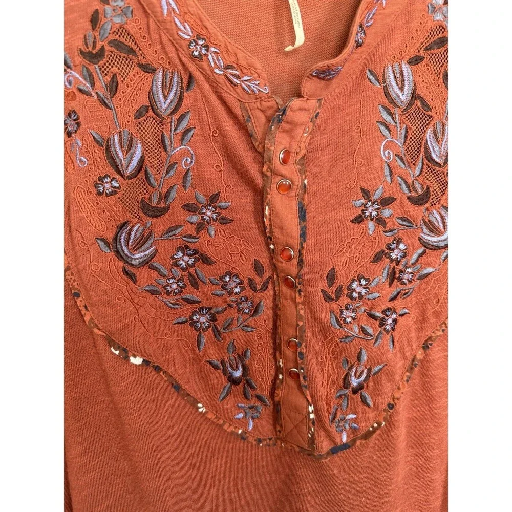 Free People Sz XS Orange Cedar Sundance Kid Embroidered Henley Shirt Boho